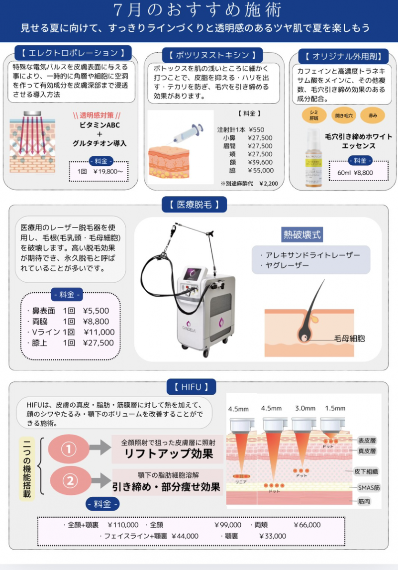 【おすすめ施術のご案内】7月のおすすめ施術:紫外線によるシミ・くすみを予防したい方へ